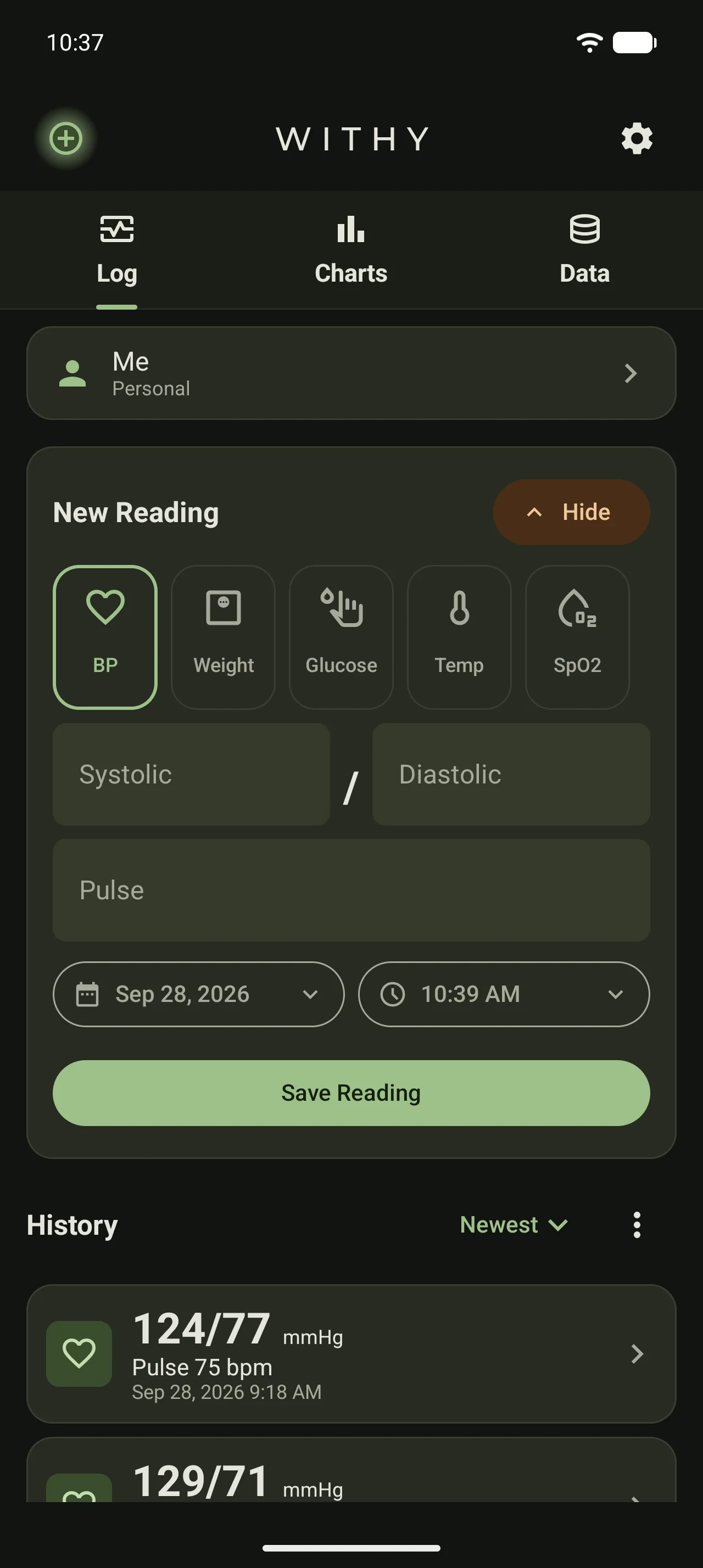 Log tab in dark mode with the new-reading form and history